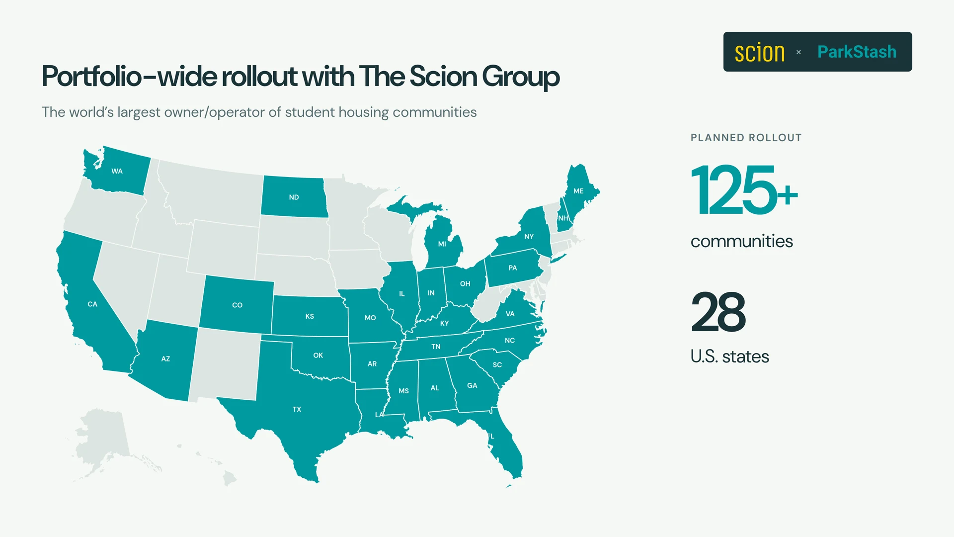 The Scion Group and ParkStash rollout map: 125+ communities across 28 states